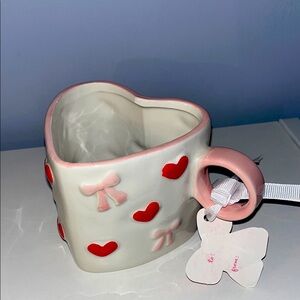 Heart-Shaped Hand painted Ceramic Mug with Red Hearts and Pink Bows. Pink Handle